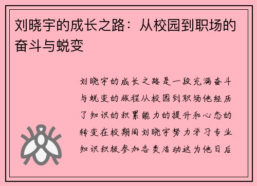 刘晓宇的成长之路：从校园到职场的奋斗与蜕变
