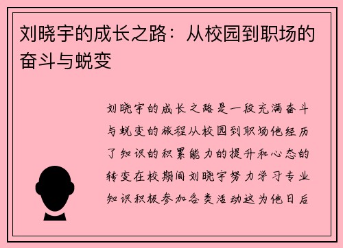 刘晓宇的成长之路：从校园到职场的奋斗与蜕变