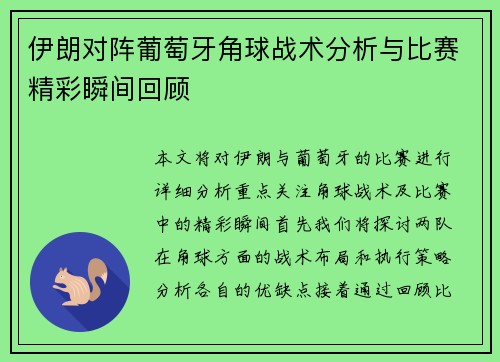 伊朗对阵葡萄牙角球战术分析与比赛精彩瞬间回顾