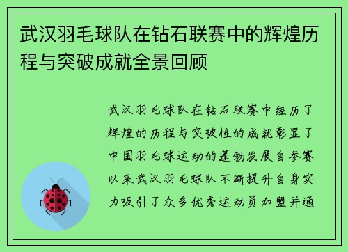 武汉羽毛球队在钻石联赛中的辉煌历程与突破成就全景回顾
