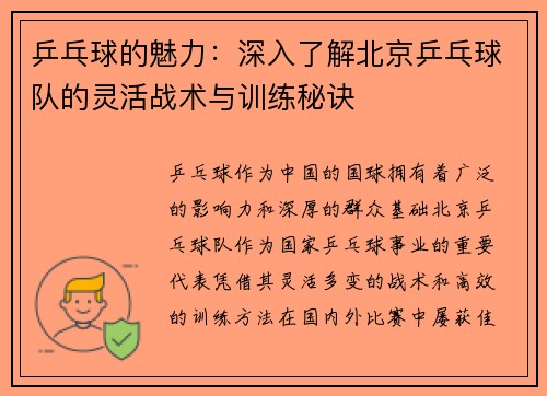 乒乓球的魅力：深入了解北京乒乓球队的灵活战术与训练秘诀