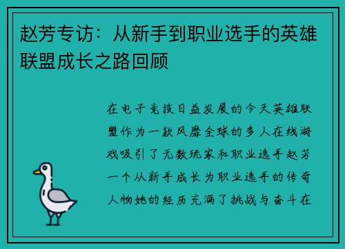 赵芳专访：从新手到职业选手的英雄联盟成长之路回顾