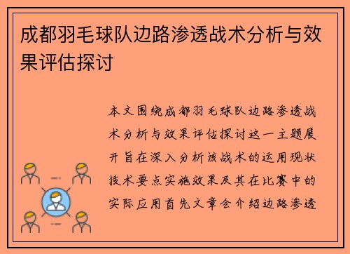 成都羽毛球队边路渗透战术分析与效果评估探讨
