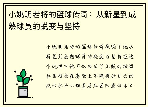 小姚明老将的篮球传奇：从新星到成熟球员的蜕变与坚持