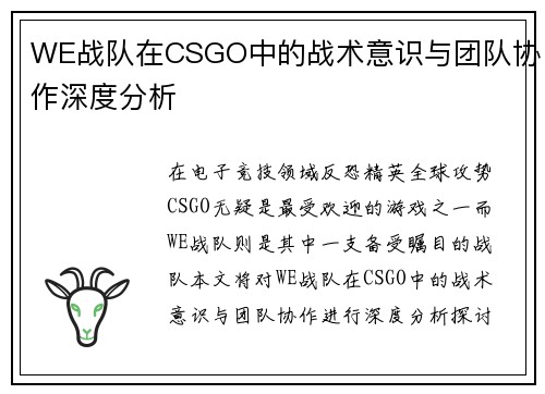 WE战队在CSGO中的战术意识与团队协作深度分析