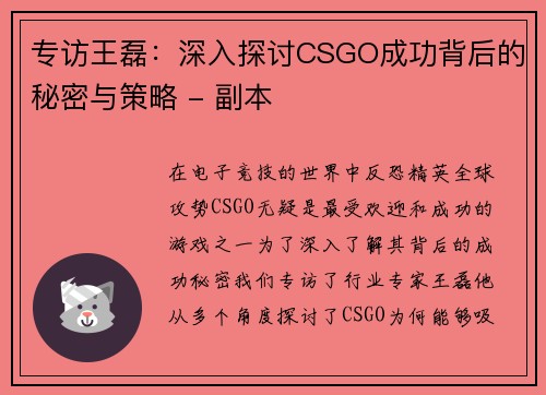 专访王磊：深入探讨CSGO成功背后的秘密与策略 - 副本