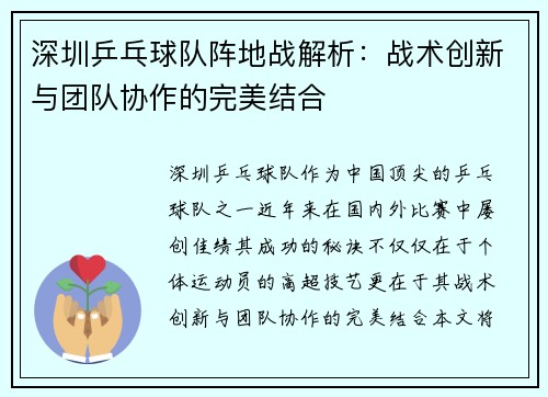 深圳乒乓球队阵地战解析：战术创新与团队协作的完美结合